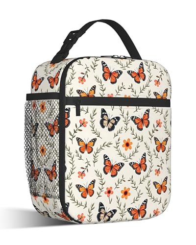 Butterflies Lunch Box for Men,Retro Flowers Leaves Lightweight Reusable Lunch Bag for Girls Boys,Portable Insulated Small Cooler Bag for Picnic,Travel,School,Office - color: Butterflies