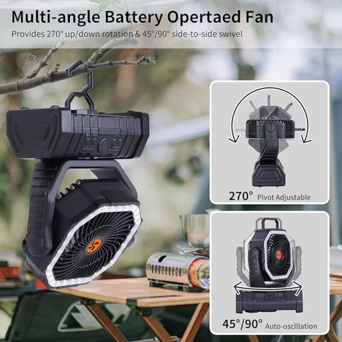 𝟐𝟎𝟎𝟎𝟎𝐦𝐀𝐡 Rechargeable Fan Portable,𝟏𝟑𝐈𝐧Battery Powered Camping Fan with Light,Workup 𝟔𝟎𝐇 & 𝟖𝐇 Timer & Remote,Auto Oscillation Battery Operated Fans Portable for Camping - Hanging Hook - color: Black