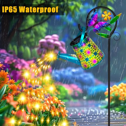 Solar Watering Can with Lights, Waterproof Solar Lantern with Butterfly Shepherd Hook, Hanging Garden Lights for Patio Yard Lawn Porch Outdoor Decoration 2 Pack - color: Blue Butterfly, size: 2 Pack