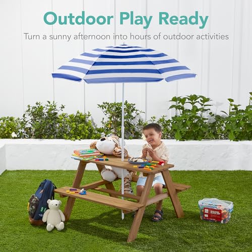 Best Choice Products Wooden Kids Picnic Table with Umbrella, Outdoor Activity Table Set with Built-in Benches, 220 lb Capacity per Bench - Natural/Navy - color: Natural/Navy