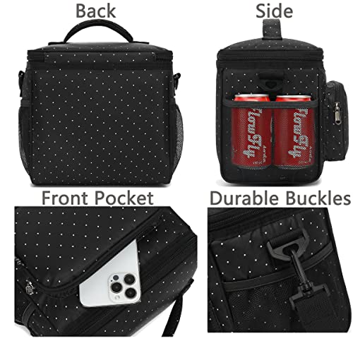 FlowFly Insulated Reusable Lunch Bag Adult Large Lunch Box for Women and Men with Adjustable Shoulder Strap,Front Zipper Pocket and Dual Large Mesh Side Pockets,Dot - color: Dot