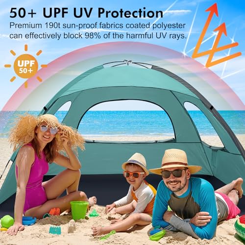 WhiteFang Beach Tent Anti-UV Portable Sun Shade Shelter for 3/4/6/8 Person, Extendable Floor with 3 Ventilating Mesh Windows Plus Carrying Bag, Stakes and Guy Lines - color: Beach Glass, size: 3 Person