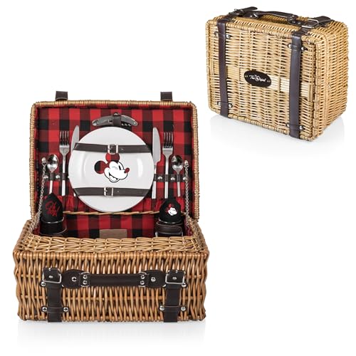 Picnic TIME Disney Mickey Mouse Champion Wicker Picnic Basket for 2 with Deluxe Cutlery Service Kit, Large Suitcase Style Picnic Set with Leatherette Handle, (Red and Black Buffalo Plaid Pattern) - color: Disney Mickey Mouse - Red & Black Buffalo Plaid Pa
