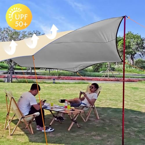 16x16 ft Large Camping Tarp Waterproof Hammock Rain Fly Camping Awning Khaki (Including Poles) - color: Khaki (Including Poles)