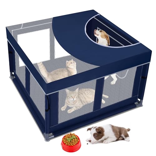 Dog Kitten Playpen with Play Pen Cover for Cat Indoor, 41 x41 x25.5 Puppy Playpen for Small Pet with See-Through Topper Proof Enclosed Door Dog Pen, Sturdy Warm Protable Play Pen for Cat - style: 41'x41'x25.5' with Cover