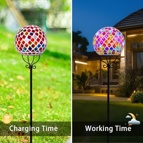 VCUTEKA Solar Outdoor Lights Garden Decor Mosaic Solar Garden Lights Waterproof Glass Ball LED Pathway Stake Light for Landscape Lawn Patio Yard Decoration 6 inch, Red - color: Red