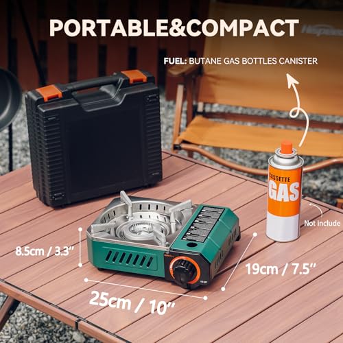 Modern Camping Stove with Carrying Case, 10"x7.5" Mini Portable Butane Gas Stove 6900BTU for Patio Cooking Hotpot Camp Hiking RV Trip Tailgating Emergency Use, Green GS348 - size: 10"