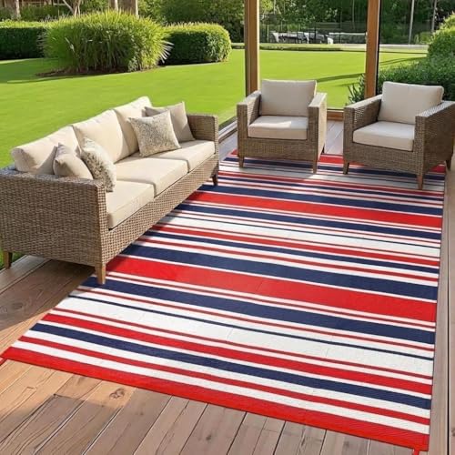 GarveeHome 9x18 Modern Geometric Lines Plastic Straw Outdoor Large Rugs Colorful Striped Reversible Indoor Outdoor Rugs Non Shedding Portable Outside Carpet for Trailer RV Backyard, Red Navy White - color: Geometric Stripes| Red Navy White, size: 9' x 18'