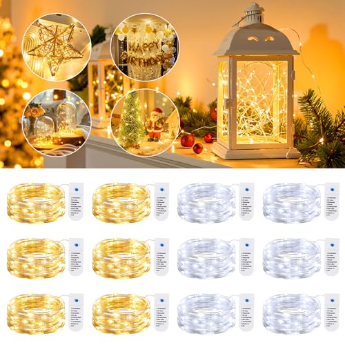 Minetom 12 Pack Fairy Lights Battery Operated String Lights 8 Modes, 7ft 20LED Waterproof Silver Wire Twinkle Lights, Firefly Starry Moon Lights for Mason Jars DIY Christmas Wedding Party - color: Warm White+White, size: 12 Pack