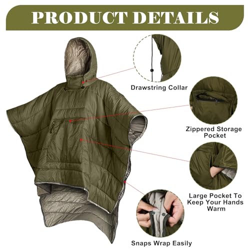 Camping Blanket Poncho Wearable Hoodie Blankets, Waterproof Warm Portable Windproof Durable for Stadium Beach Picnic Car Travel Concerts, Green 79 * 55 inch