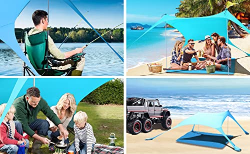 77 FT Beach Tent Sun Shelter UPF50+ UV Protection, Outdoor Canopy Tent Sun Shade with 2 Poles for Camping, Fishing, Backyard and Picnics with Sandproof Beach Blanket Blue - color: Blue