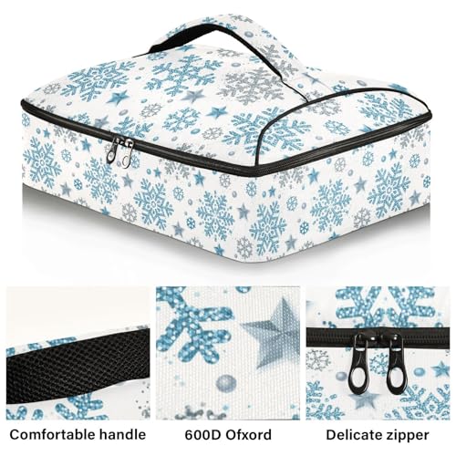 Christmas Snowflake Pizza Bag Thermal Tote Winter Blue White Sliver Xmas Insulated Casserole Cookware Carrier for Hot or Cold Food Fits 15" x 11" Baking Dish for Pockluck, Parties, Picnic,and Cookouts - color: Snowflake White