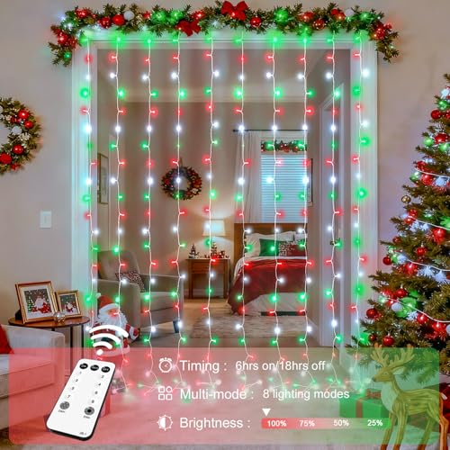 JMEXSUSS 300LED Red White and Green Christmas Curtain Lights with Remote, Indoor Christmas String Lights Plug in, Hanging Twinkle Lights for Bedroom Window Wall Yard Outdoor Xmas Decor, 9.8x9.8ft - color: Red White and Green, size: 300 LED