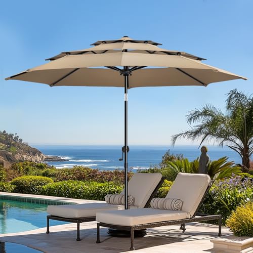 wikiwiki 9ft 3-Tier Patio Umbrella Outdoor Table Market Umbrella for Patio with Push Button Tilt/Crank, Fade Resistant Waterproof POLYESTER Canopy for Garden, Lawn, Deck, Backyard & Pool, Tan - color: Tan, size: 9 FT