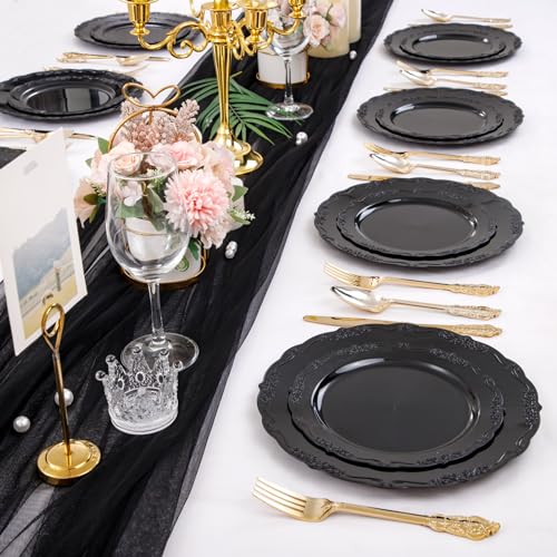 U-QE 100PCS Black Plastic Plates, Heavy Duty Black Plates Including 50PCS 10'' Dinner Plates & 50PCS 7.5'' Dessert Plate - Hard Plastic Plate for Party Wedding Bridal Shower - color: Black