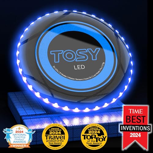 TOSY Flying Disc - 108 RGB Multicolor or 36 Monocolor LEDs, Super Bright, Smart Modes, Easter Basket Stuffers Gift, Camping Toy for Kid/Teen/Adult, Auto Light Up, Rechargeable, Waterproof, 175g - color: Blue 36 Leds (Black Disc)