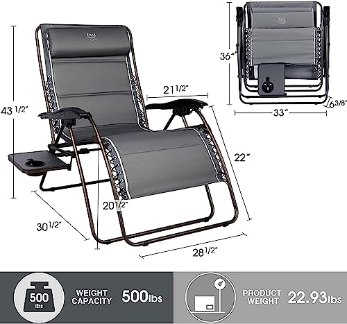 Timber Ridge Oversized Zero Gravity Chair, 33In Wide XXL Zero Gravity Reclining Chair with Side Table, Full Padded Lounge Chair for Outdoor Camping Patio Lawn, Heavy Duty Supports 500lbs, Grey-2 Pack - color: Grey-2 Pack