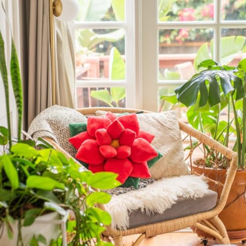 Green Philosophy Co. Poinsettia Plush Throw Pillow - Christmas Red Flower Shaped Accent Cushion | Unique Christmas Decor & Gift - color: Christmas Red