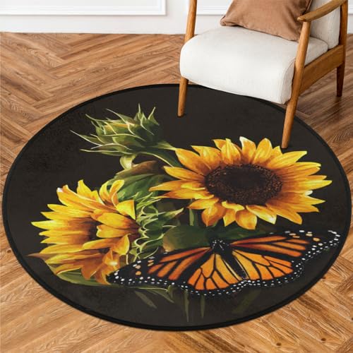 Butterfly Sunflower Round Area Rug, Sunflower Pattern Non-Slip Circle Rug for Bedroom Living Room Outdoor Study Playing Floor Mat Carpet, 3' Diameter - color: Butterfly Sunflower, size: 3' Diameter