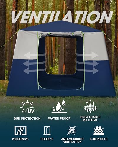 CORANI 14.1'x6.5'x9' Inflatable Tents for Camping, Portable 6/8/10 Person Blow Up Air Tent, Waterproof Windproof Easy Setup Large Family Tent with 2 Doors, 6 Windows, Mosquito Screen - color: Navy Blue, size: 10 person 14.1x9ft