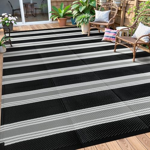 Lahome Striped Outdoor Plastic Straw Rug, Reversible Outdoor Rug Waterproof 9x12 Rugs for Patio, RV Camping Rug Picnic Mat Outside Large Carpet for Beach Deck Backyard Balcony(Black/Grey,9'x 12') - color: Black/Multi, size: 9'x12'