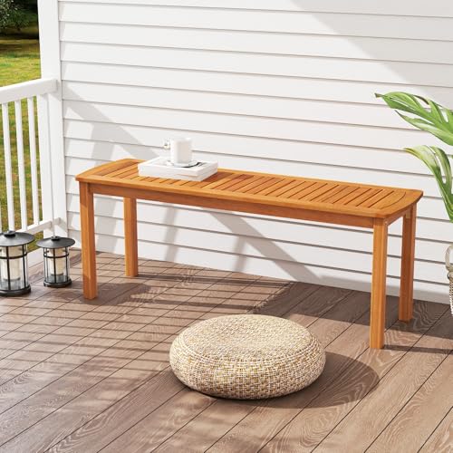 Tangkula 3 Piece Acacia Wood Patio Dining Table Set, 63" Large Patio Table & 2 Backless Benches w/Umbrella Hole, Farmhouse Indoor Outdoor Diner Furniture for Garden Poolside Deck Kitchen