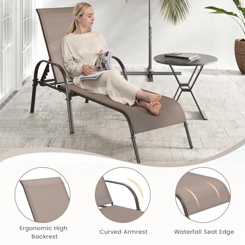 Giantex Patio Lounge Chair, Outdoor Chaise Lounge with 5 Adjustable Backrest, Sturdy Metal Frame, Sunbathing Recliner, Tanning Chairs for Outside, Beach, Yard, Balcony, Poolside, Brown - color: Brown