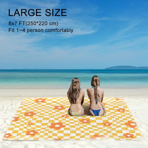 Beach Blanket Waterproof Sandproof Extra Large 8 Ft X 7 Ft for 4 Adults Oversized Sand Free Beach Mat with 4 Corner Pockets and Stakes Portable for Beach Picnic Travel Camping (Orange) - color: Orange, size: 8 X 7 FT(1-4 Person)