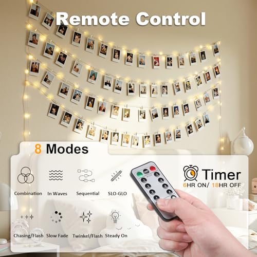suddus 33ft 100 LED Fairy Lights with Clips for Pictures, Photo Lights with Remote USB Powered & Battery Operated with 45 Clear Clips, String Lights for Party, Bedroom, Decoration, Warm White - color: Warm White USB/Battery, size: 100LED