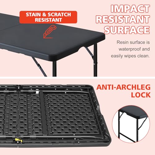 Portable 4Ft Folding Table, Heavy Duty Plastic Fold-in-Half Utility Foldable Table Small, Adjustable Height Plastic Folding Table with Carrying Handle for Camping & Party Indoor/Outdoor(Black) - color: Black, size: 4Ft