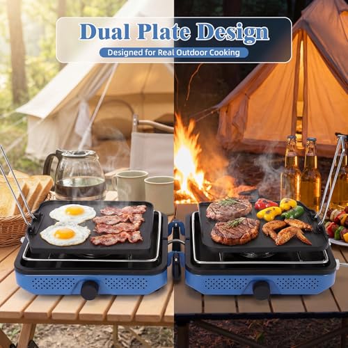 Hisencn Camping Stove,2 Burner Propane Camping Stove,Dual Griddles,30,000 BTU Portable Propane Stove with Carry Bag,Outdoor Cooking Stove set for Camping Gear,RV Essentials,Camp Gifts for Man,Blue - color: Blue