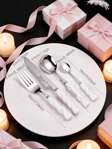 Stainless Steel Flatware Set, 4-Piece Heavy Duty Cutlery Set with Dinner Knife, Fork & Spoons, Tableware Gift for Daily Use Wedding Housewarming Baby Shower Birthday Gifts(White) - color: White