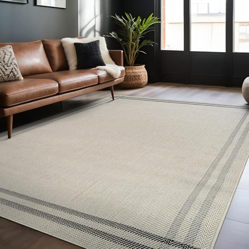 Luul Home Easy Jute Rugs 8x10 Bordered Bone Color Living Room Indoor Outdoor Area Rug for Patio and Kitchen Rug High Traffic Washable Easy to Clean Solid Boho Woven Design Outside Carpet (8 x 10) - color: Bordered/Bone Black, size: 8' x 10' (Rectangular)