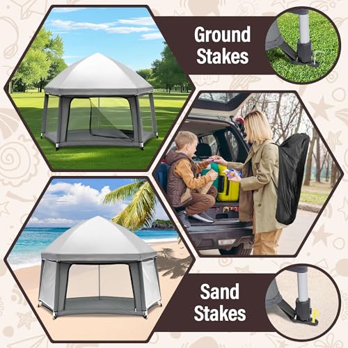 Baby Playpen with Self-Inflating Play Mat & Travel Bag, Portable Outdoor Playpen for Babies and Toddlers, Foldable Pop Up Play Tent for Home, Park, Beach and Camping (Grey)