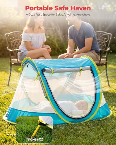 Poray Portable Baby Beach Tent with UPF 50+ Sun Shelter,Mosquito Net and Sunshade, Ideal Pop Up Kids Travel Tent with Carry Bag & 2 Stakes,Outdoor Indoor Play and Sun Protection - style: Large Deluxe Blue & Mat