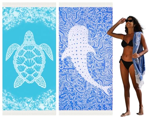 Widdonen Thin Turkish Beach Towel Quick Dry Absorbent Cotton Lightweight Bath Pool Towels Extra Large Oversized Sand Free Beach Stuff Cloud Adults Gift - color: 2 Pack Whale Turtle, size: X-large(79 X 36 Inches,200 X 90 Cm)