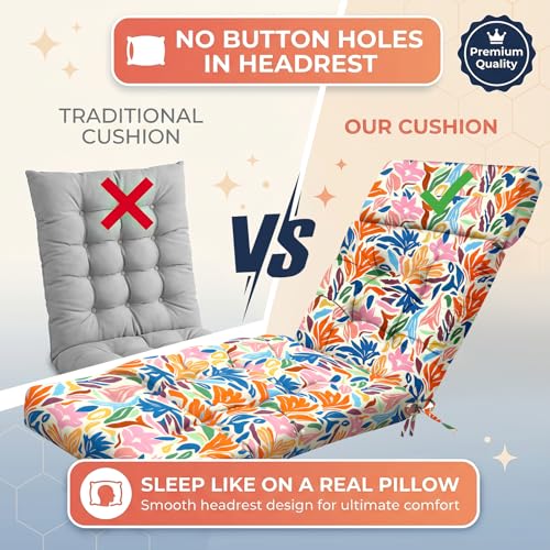 MAGIC ELEPHANT Chaise Lounge Cushion Outdoor, Memory Foam Patio Lounge Chair Cushion with Ties for Outdoor Furniture, 74 x 22 x 4 Inch (Multicolor Leaves) - color: Multicolor Leaves