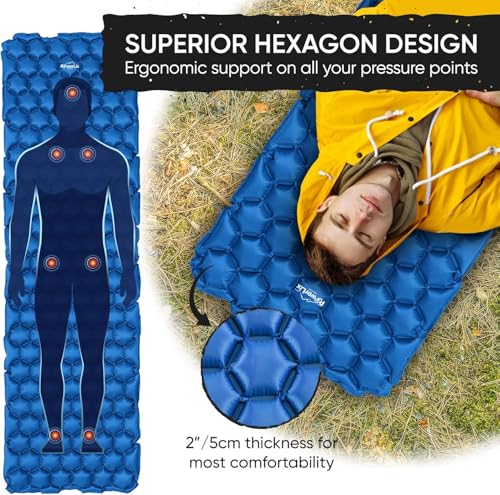 POWERLIX Camping Sleeping Pad - Ultralight Inflatable Camping Mattress Sleeping Mat for Backpacking, Hiking, Compact Lightweight Sleeping Pad for Camping, Inflation Bag/Repair Kit Included - color: Blue & Grey