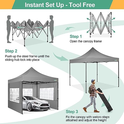 COBIZI 10x10 Pop Up Canopy with Sidewalls Heavy Duty Party Tent with Removable Awning Easy Up Outdoor Canopy Wedding, All Season Windproof&Waterproof with Roller Bag UPF 50+, Gray - color: Gray, size: 10x10 With 4 Sidewalls