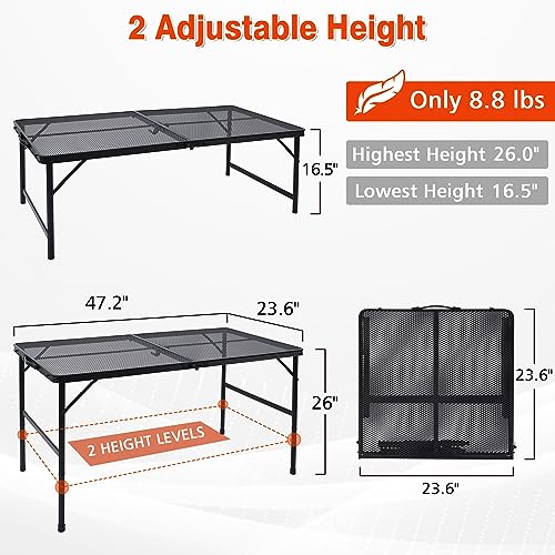 JOUYEK Folding Grill Table, 4x2 FT Portable Camping Table, Lightweight Height Adjustable Metal Tables with Mesh Desktop and Mesh Bag, Outdoor Tables for Camping, Picnic, Beach and BBQ, Black - style: 4x2 FT