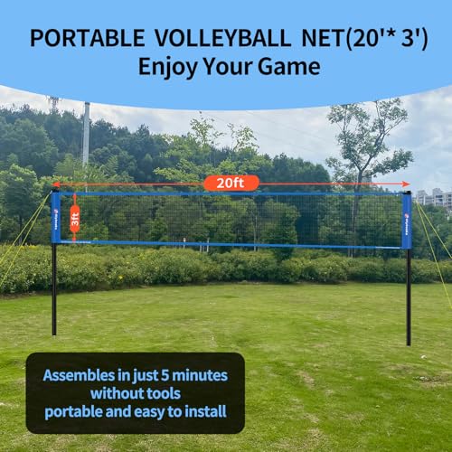 20FT Outdoor Volleyball Net Set System for Backyard Beach with Anti-Sagging Net, Iron Adjustable Height Poles, Soft PU Volleyball and Pump, Carry Bag - Instant Set Up & Durable - color: Blue