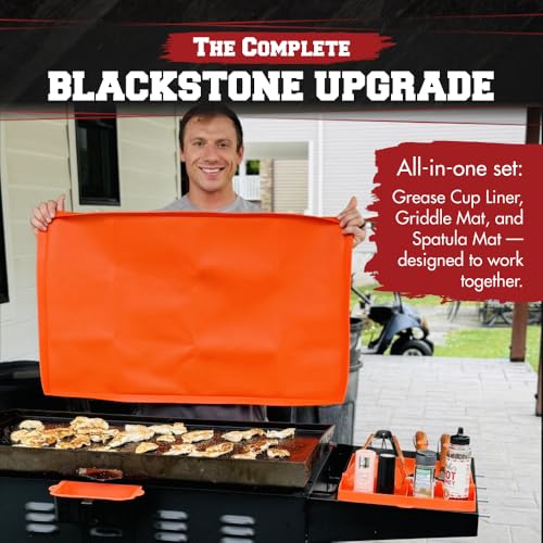 KITCHEN PERFECTION Ultimate Kit for Blackstone Griddle 36 Inch - Silicone Griddle Cover Mat + Griddle Accessories Mat + 2 PCS Silicone Grease Cup Liners Hermetic Protection from Rust & Debris All Year - color: Orange 36 inch Ultimate Kit