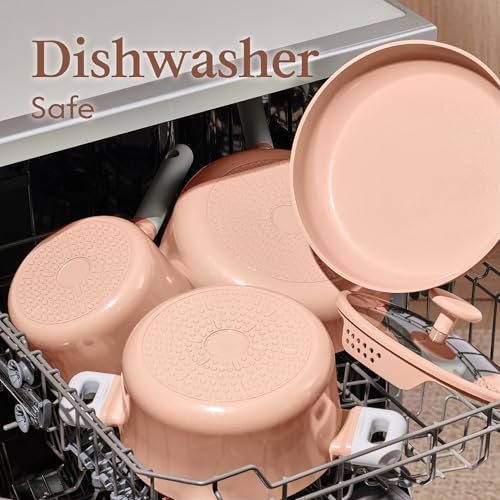 CAROTE Pots and Pans Set Nonstick, Ceramic Cookware Set, Pink Cooking Set Kitchen Induction Set with Steamer, PFAS PTFE Free,9 Piece - color: Pink, size: Stockpot