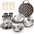 Odoland Stainless Steel Camping Mess Kit for Family & Person, Cooking Tableware Utensils with Plates Bowls Forks Spoons Knives & Savings Bag for Camping, Backpacking, Hiking, Picnic - style: 4 Person Set