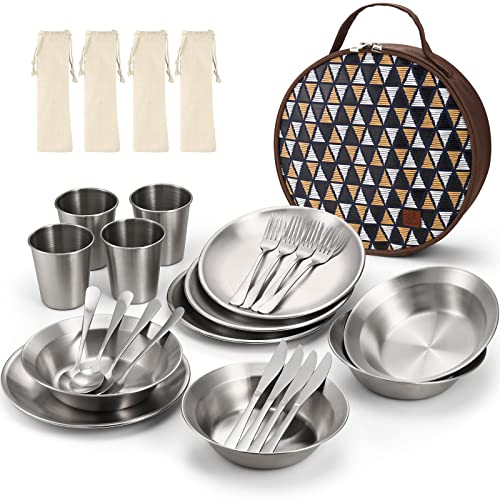 Odoland Stainless Steel Camping Mess Kit for Family & Person, Cooking Tableware Utensils with Plates Bowls Forks Spoons Knives & Savings Bag for Camping, Backpacking, Hiking, Picnic - style: 4 Person Set