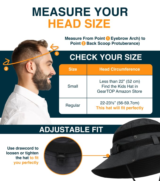 GearTOP Wide Brim Sun Hat for Men & Women, UPF 50+ Fishing Hat with Detachable Neck Flap & Face Cover Gardening Boonie Sunhat - color: Black Wanderer
