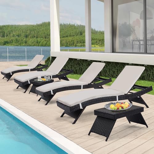 Outdoor Chaise Lounge Chairs + Coffee Tables Set of 6 with Detachable Cushions, Pool Sunbathing Recliners PE Rattan Patio Loungers Wicker for Outside Porch Backyard Poolside Deck Porch - color: 4 Chairs + 4 Cushions + 2 Tables