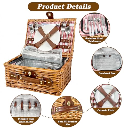 Picnic Basket for 2 - Picnic Basket with Cutlery Kit and Glasses, Insulated Picnic Set with Waterproof Liner, Portable Wicker Picnic Baskets with Lid and Handle for Outdoor, Picnic, Camping, Holidays