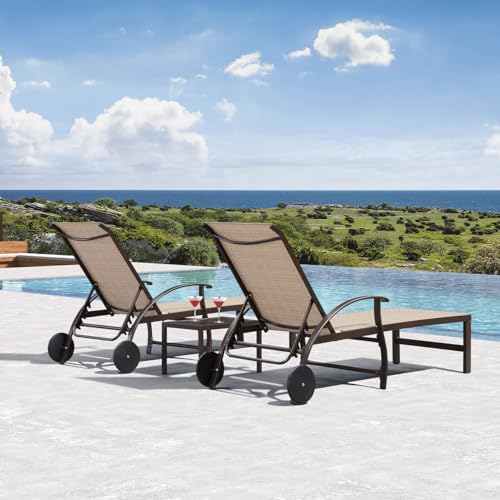 PURPLE LEAF Outdoor Chaise Lounge Chair Set of 3 Patio Pool Lounger Aluminum Chairs with Side Table and Wheels Adjustable Tanning Recliner for Outside Backyard Yard Deck Balcony Beach Khaki - color: Khaki, size: 2 Chairs with Wheels & 1 Table