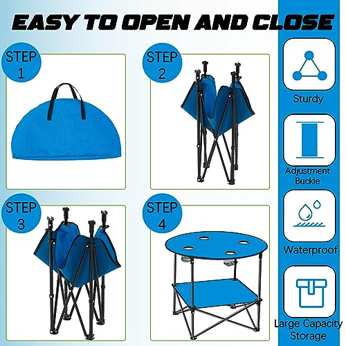Soaoo 2 Pcs Folding Camping Table with 4 Mesh Cupholders 2 Tier Portable Folding Table Round Lightweight Fabric Compact Carrying Case Beach Table for Summer Outdoor Tailgating Fishing Hiking - color: Blue